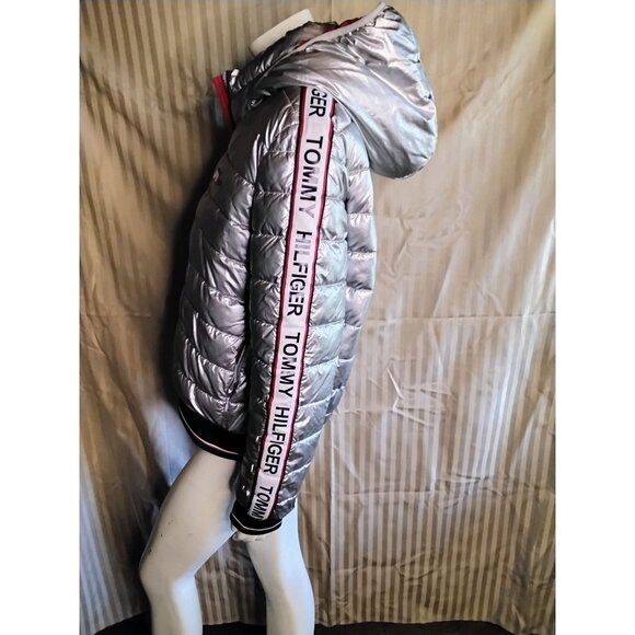 Tommy Hilfiger Womens Metallic Silver Puffer Jacket With Hood Logo On Sleeves Ri - Picture 5 of 8